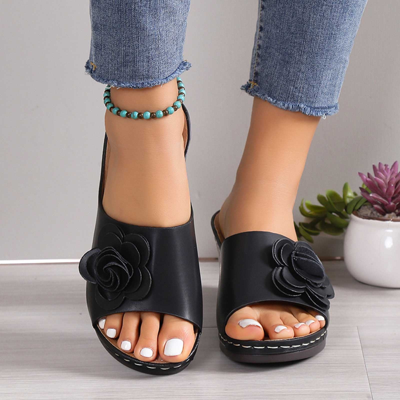 LSLJS Womens High Wedge Beach Sandals Summer Plus Size Spring summer Flower Fish Mouth Beach Chunky Heels Flatform Sandals