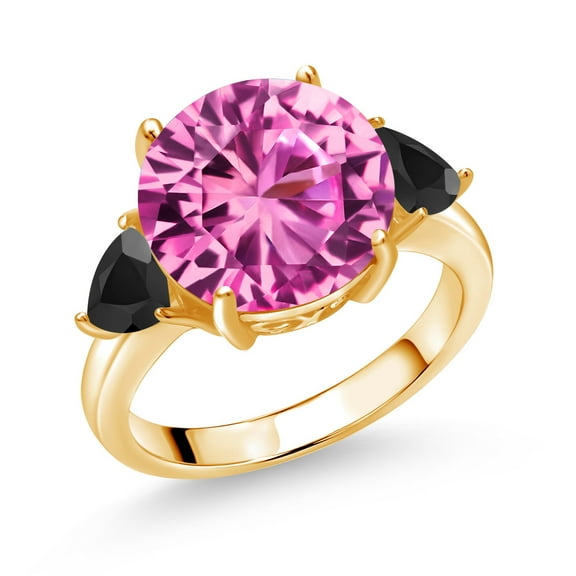 Gem Stone King 18K Yellow Gold Plated Silver Pink Created Sapphire and Black Onyx 3-Stone Ring for Women (8.52 Cttw, Round 12MM, Trillion 5MM, Size 9)