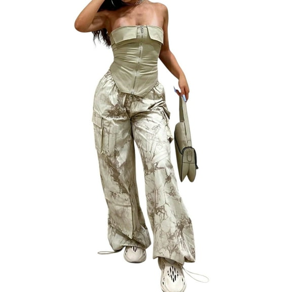Women’s Beige Tie‑Dye Two‑Piece Set – Strapless Corset Top & High‑Waisted Pocketed Work Pants, Summer Streetwear