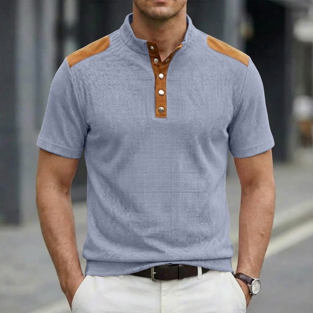 Ceisia Men's Loose Fit Ribbed Polo Shirt Short Sleeve Stand Collar Color Block Casual Daily Summer Tops Sky Blue XL Gifts