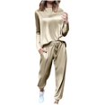 thumbnail image 2 of dGslk Women Satin Long Sleeve Loungewear Set Two Piece Soft Pajama Top and Drawstring Pants Sleepwear Tracksuit Outfit Beige L, 2 of 2