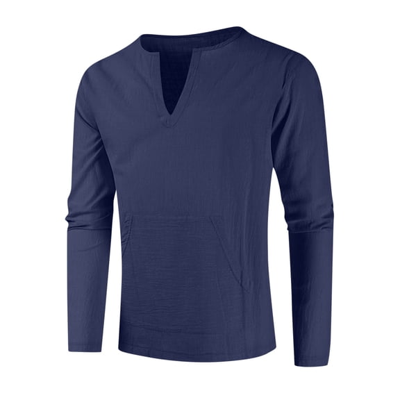 QUINDOS Mens Shirts Men Fall And Winter Fashion Casual Cotton Linen Solid Pullover V Neck Sweater Sports Sweater Bottoming Comfy Leisure T-shirt