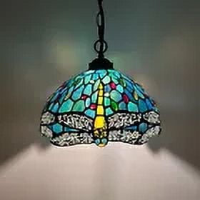 Tiffany Pendant Lights Green Blue Stained Glass Dragonfly LED Bulb Included for Dining Room Hotel Restaurant Cafe 12"W*12"D*60"H