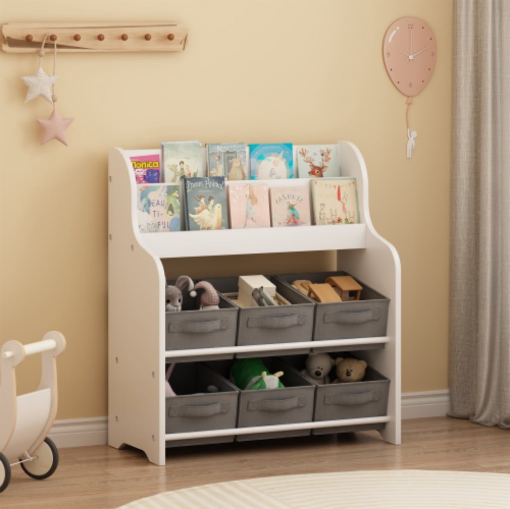Kids Bookshelf with 6 Fabric Storage Bins, 3-Tier Front-Facing Bookcase & Toy Organizer, Children's Book Display Shelf for Playroom, Nursery & Bedroom
