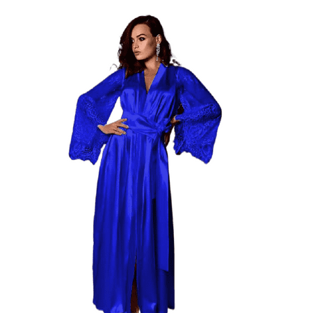 

Binwwede Women s Sexy Sleepwear V-Neck Lingerie Silk Satin Pajamas Long Robe Dress Gown Hollow Lace Babydoll Nightdress Nightwear Kimono