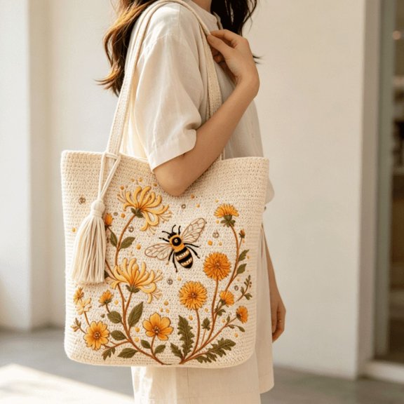 Women’s Handmade Crochet Tote Bag, Floral Bee Embroidery Woven Shoulder Bag with Tassel, Large Capacity Casual Shopping Beach Handbag for Daily Travel Vacation