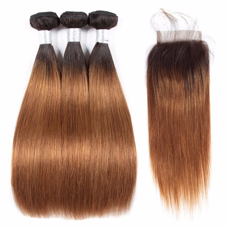 Hc Brazilian Ombre Hair Straight 3 Bundles With Lace Closure