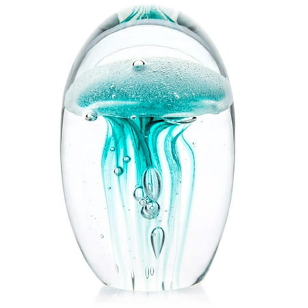 Turquoise Baby Jellyfish Glow in the Dark Glass Paperweight Figurine Jelly Fish