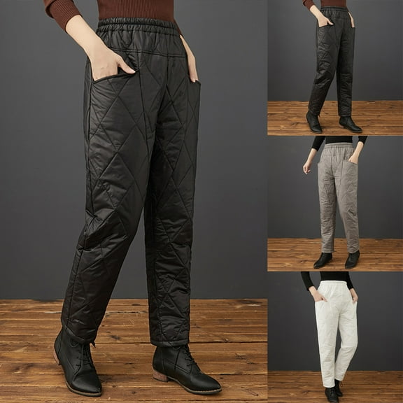 PXLKNZH Womens Puffer Pants Elastic High Waisted Straight Leg Quilted Pants Winter Warm Loose Casual Down Pants with Pockets Black,L