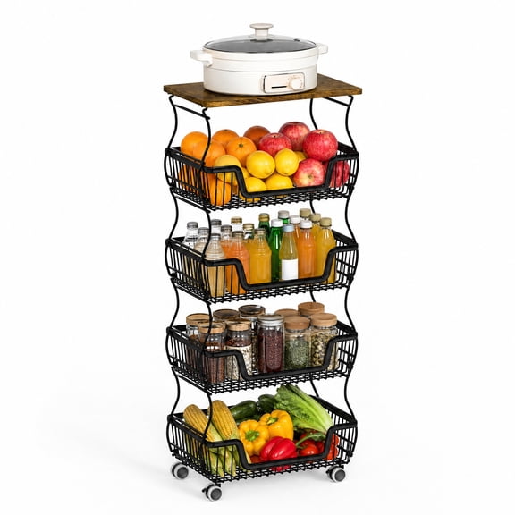 Fruit Basket Vegetable Storage Cart with Wooden Lid for Kitchen, 5-Tier Stackable Wire Fruit Organizer Stand on Wheel, Storage Stand for Vegetables, Snacks, Berverage