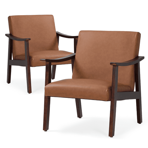 RTRWDC Set of 2 Mid-Century Modern Accent Chairs, Brown Upholstered Armchairs with Wood Frame, 300lbs Capacity PU Leather Lounge Chairs for Living Room Bedroom