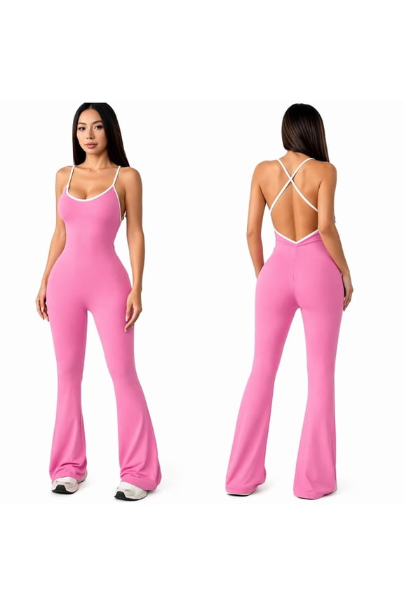 Womens Ribbed Flare Leg Jumpsuit  One Piece Outfit Pink Jumpsuits for Women Athletic Jumpsuit Yoga Jumpsuits for Women Flare Workout Jumpsuit Wide Leg Bodysuit Backless Jumpsuits