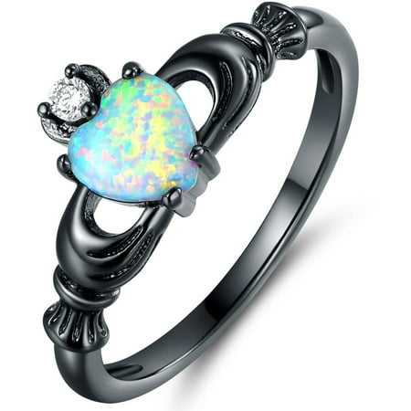 Black White Enamel Rhodium Ring - CZ and Lab Created Fire Opal Black Rhodium-Plated Heart Crown Ring