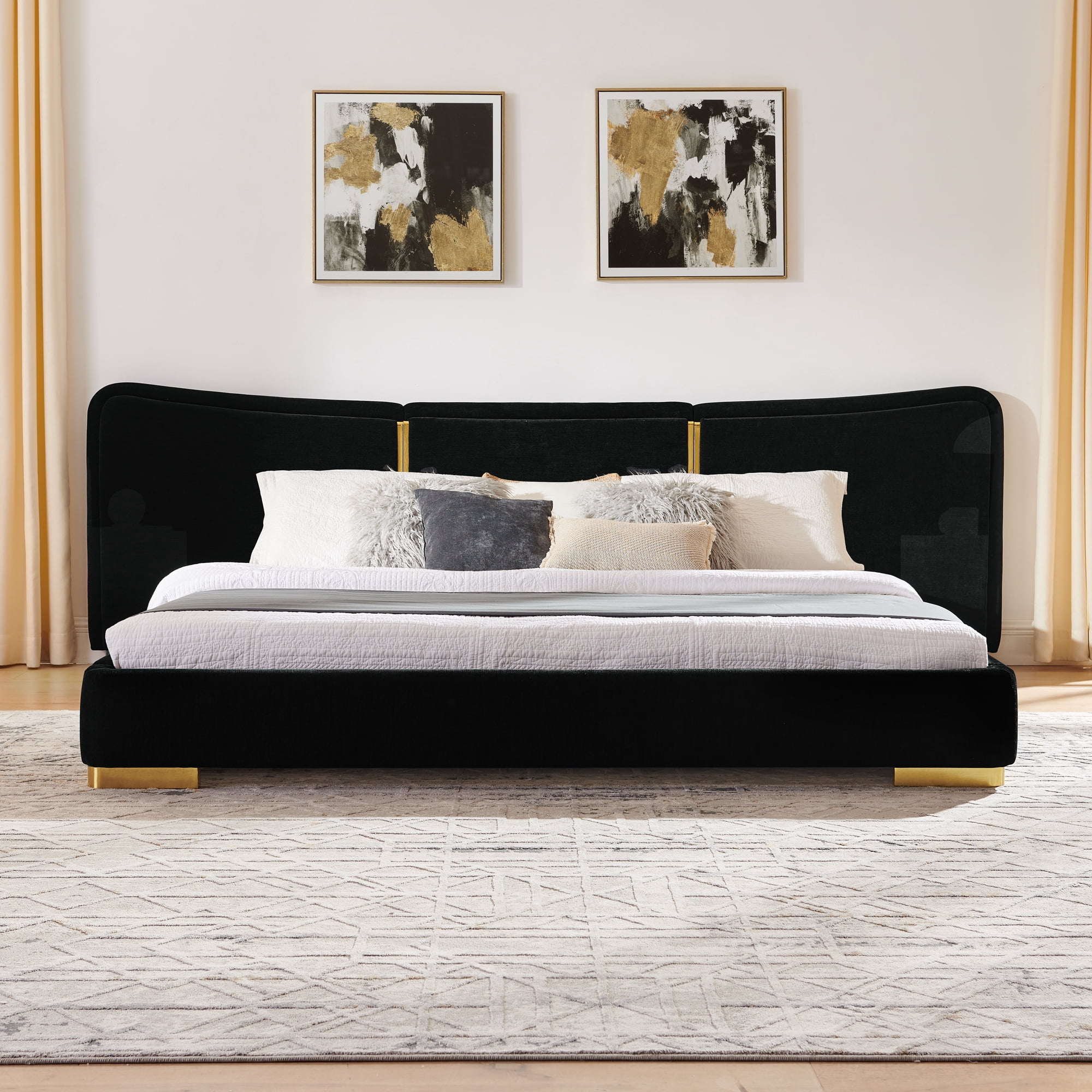 King Size Platform Bed with Extra Large Curved Headboard in Black