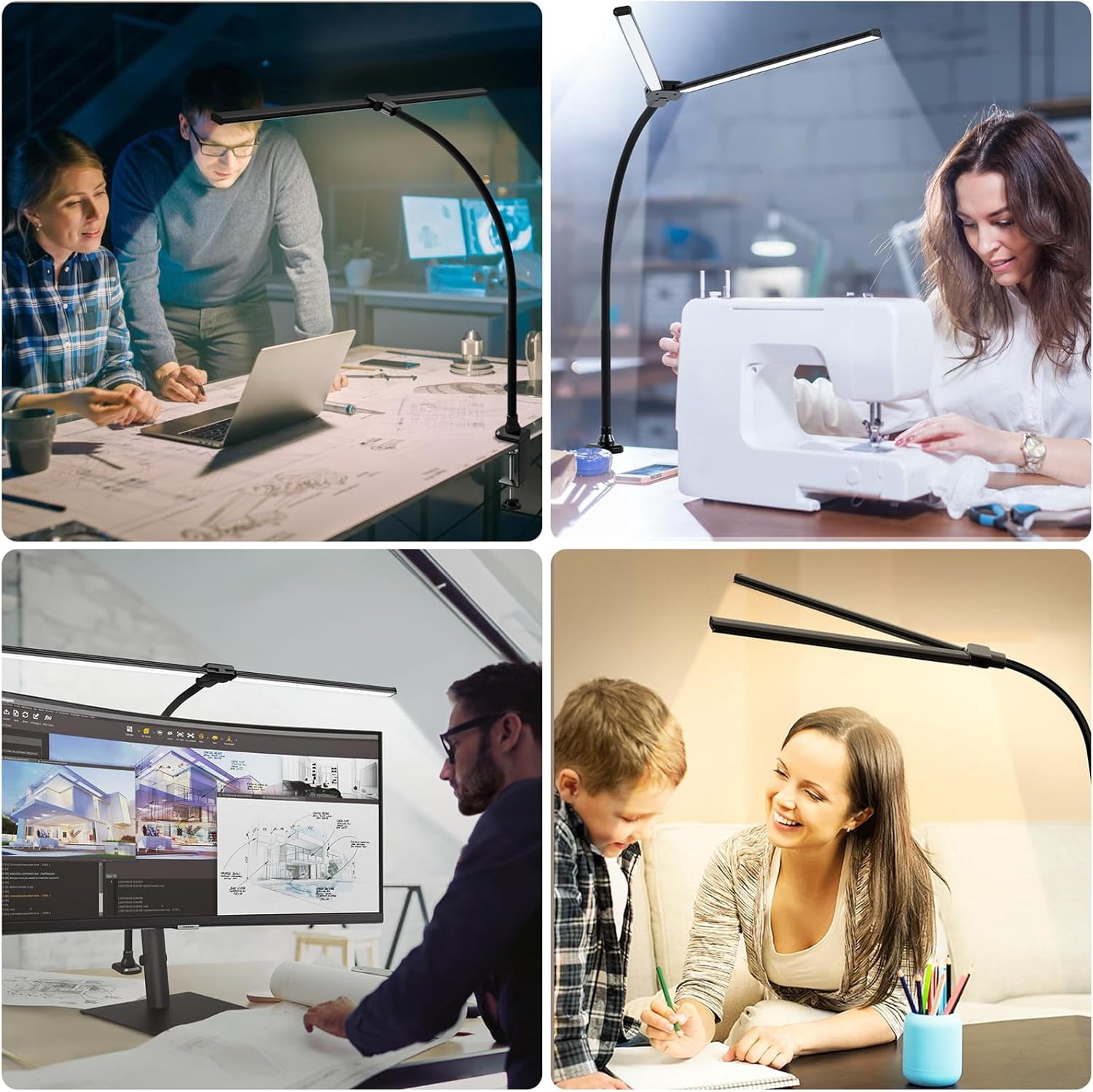 Senhu Led Desk Lamp for Office Home, Bright Double Head Desk Light with Clamp, Architect Task Lamp 30 Lighting Modes Adjustable Flexible Gooseneck