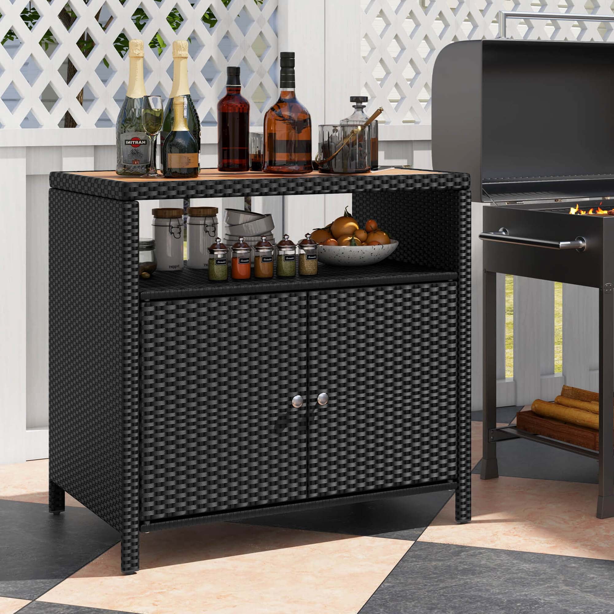 Costway Patio Rattan Storage Cabinet with Acacia Wood Countertop Open Shelf 2 Door Cabinet Black