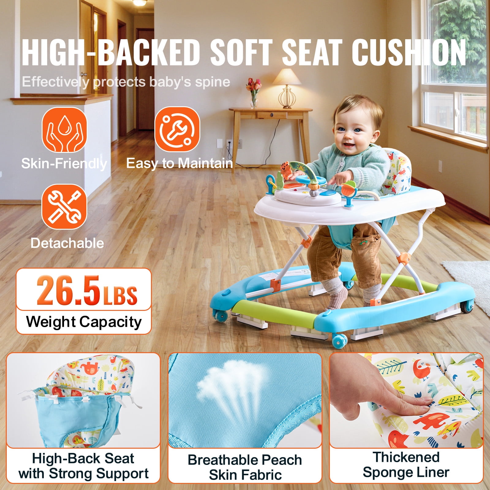 KFFKFF Baby Walker 4 in 1, Foldable Height Adjustable Baby Walker with Wheels, Infant Toddler Walker with Foot Pads, Anti-Fall Baby Walker With Music & Toys Tray for Boys and Girls 6-24 Months