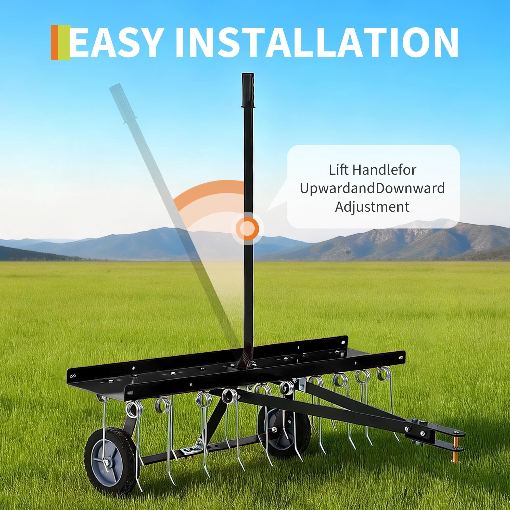Heavy Duty Tow-Behind Lawn Dethatcher Rake – 40in, 20 Spring Steel Tines, Lawn Sweeper for ATV/Mower, Includes Gloves, Ideal for Garden & Farm, Black