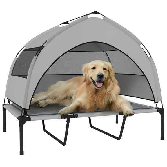 Elevated Dog Bed with Removable Canopy: Portable Outside Raised Pet Cot with Cooling Pad, Storage Bag, 42" x 30" x 37"