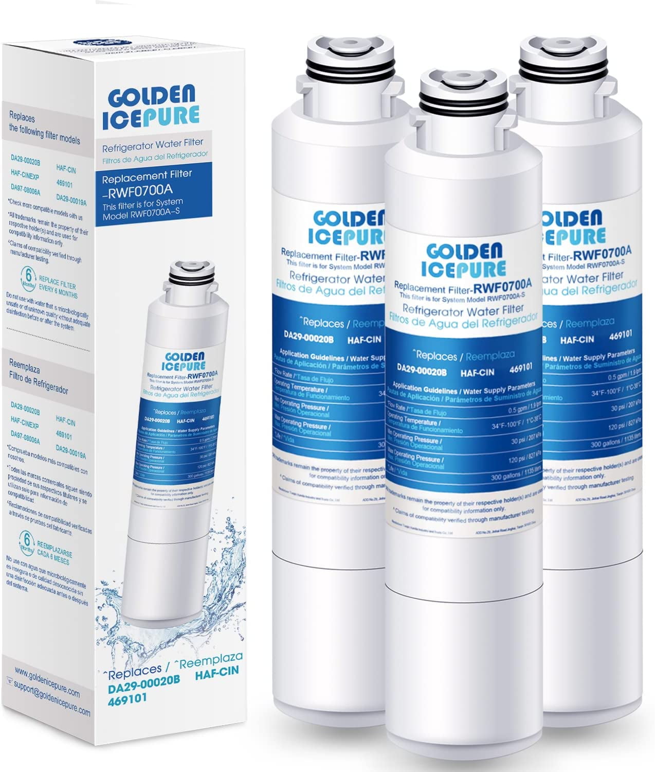 GOLDEN ICEPURE RWF0700A Replacement for HAF-CIN/EXP, RF28HMEDBSR/AA, RF28K9380SR, RF263BEAESR/AA, RF28JBEDBSG, RF4287HARS, RF28HFEDTSR, DA97-08006A Refrigerator Water Filter, 3PACK