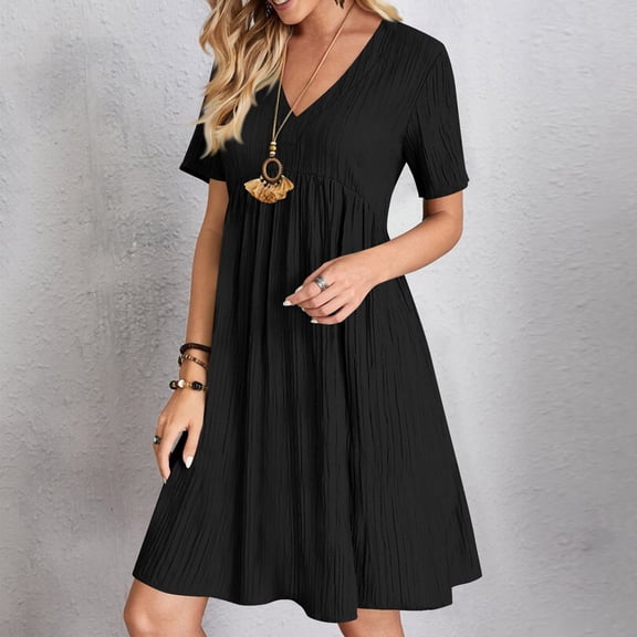 SDNall Women's Casual Summer Dress with Lace Detail, V-Neck Loose Fit Pleated Skirt, High Waist with Pockets for Daily Wear, Dating, Office