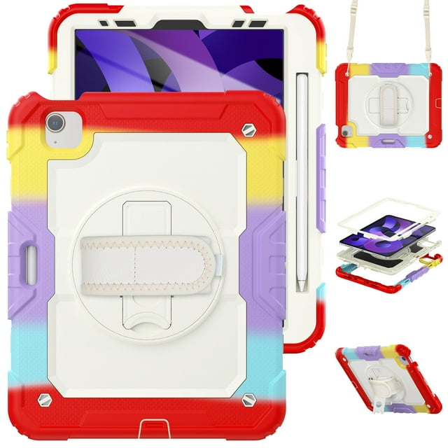 Case for iPad Air 5th Generation / iPad Air 4th Generation 10.9 inch with Screen Protector, 360 Degree Rotating Kickstand Hand Strap Shockproof Cover with Shoulder Strap, Rainbow Red