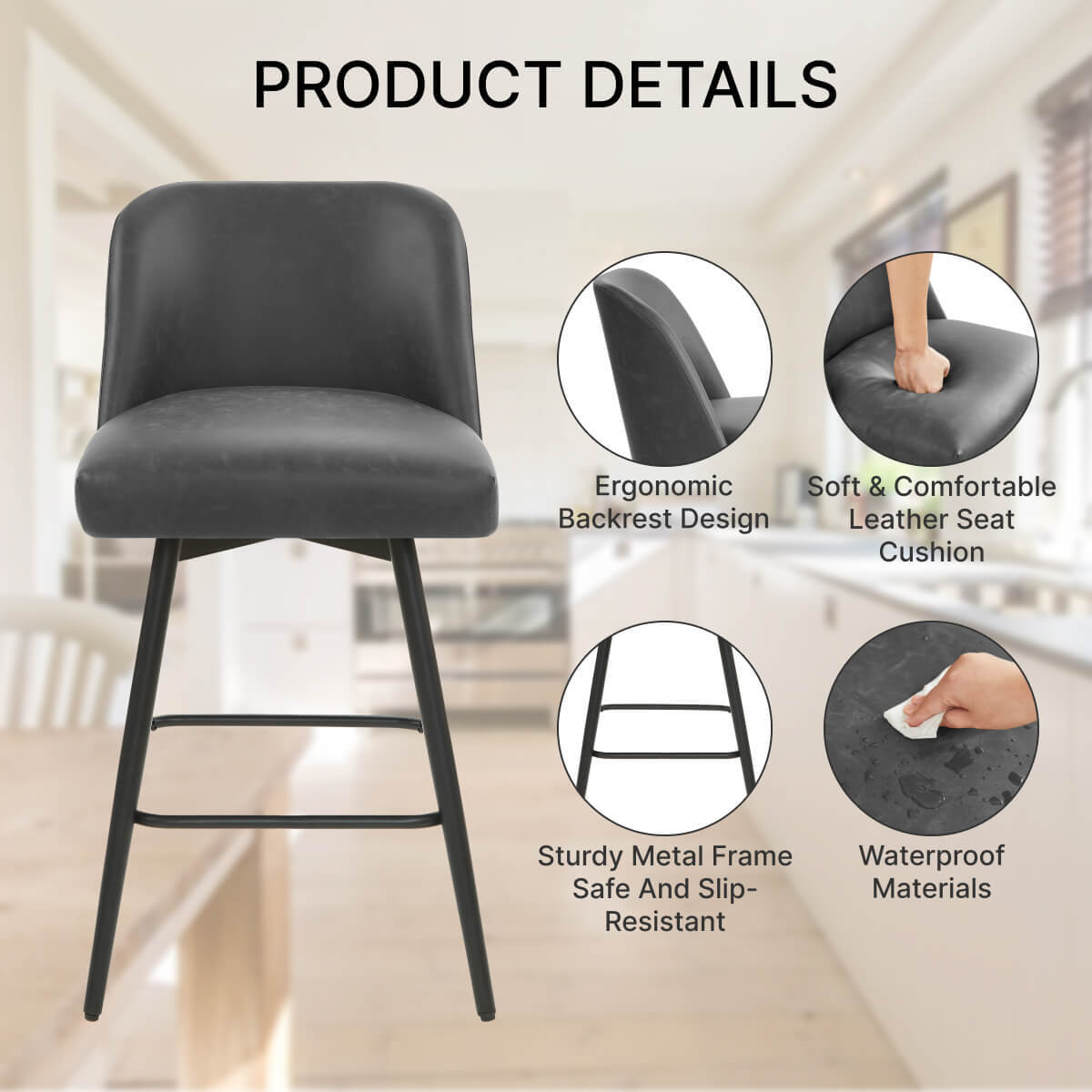 L'AGRATY Modern Bar Stools Set of 2, 26" High-Back Counter Stools, Faux Leather Upholstery, for Kitchen Island, Home Bar, Grey
