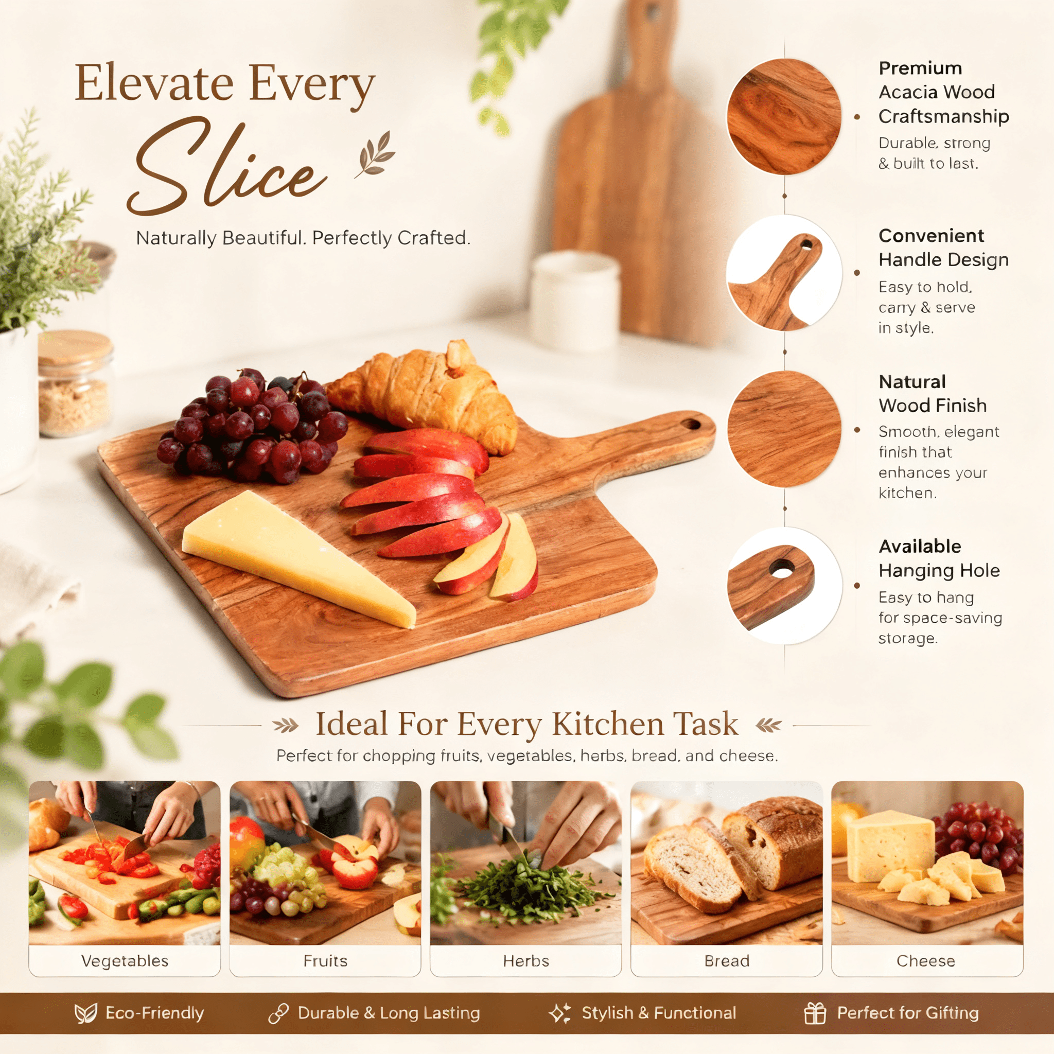 Acacia Wood Chopping Board with Handle, Wooden Cutting Board for Kitchen, Serving Board for Bread, Cheese, Fruits & Vegetables, Handcrafted Wood Paddle Board, 12x0.75x16 Inches