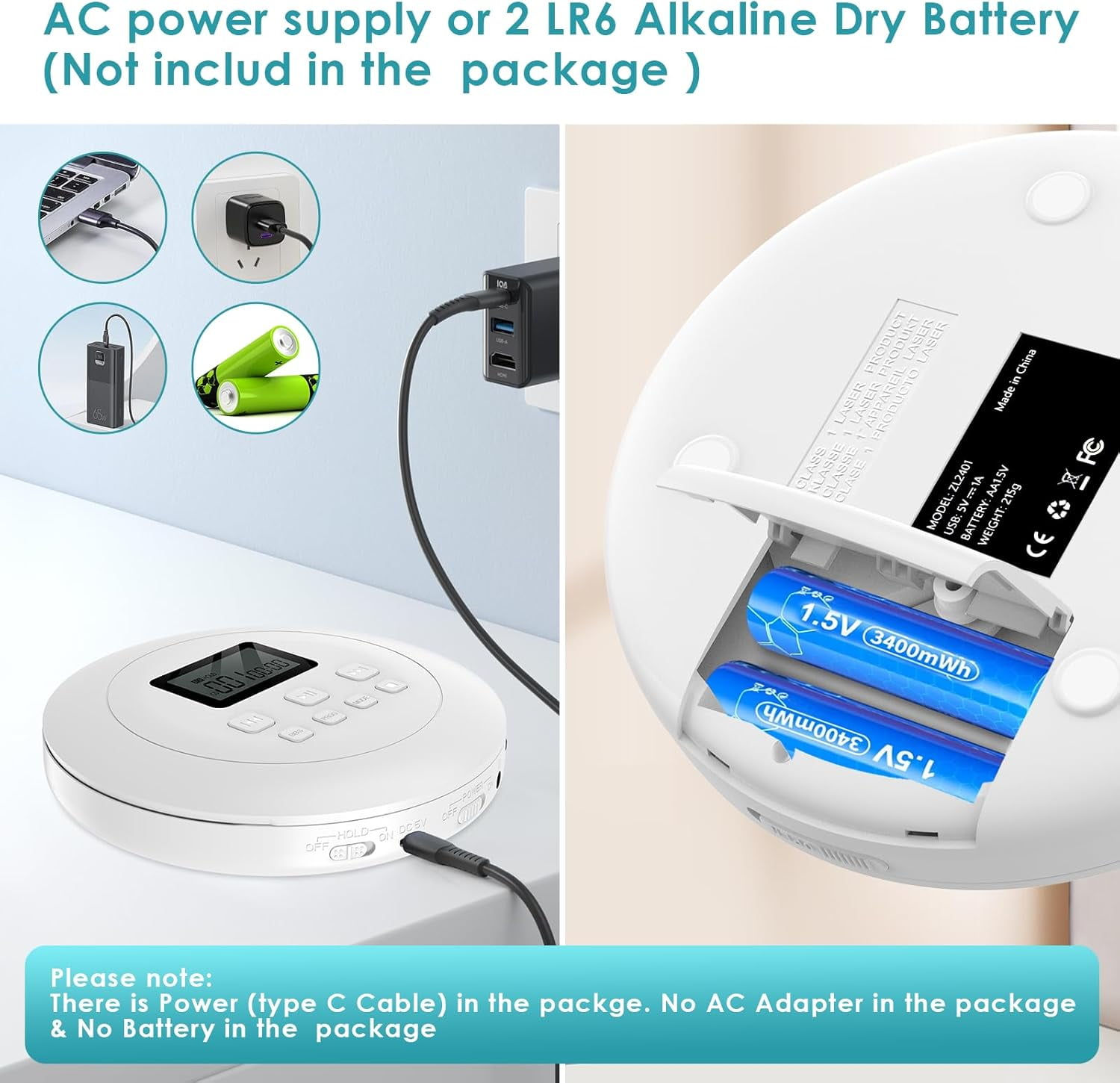 Gueray CD Player Portable Walkman, CD Player for Car Anti-Skip Shockproof, CD Players for Home with Headphones Jack USB AUX & LCD Display CD Disc, White
