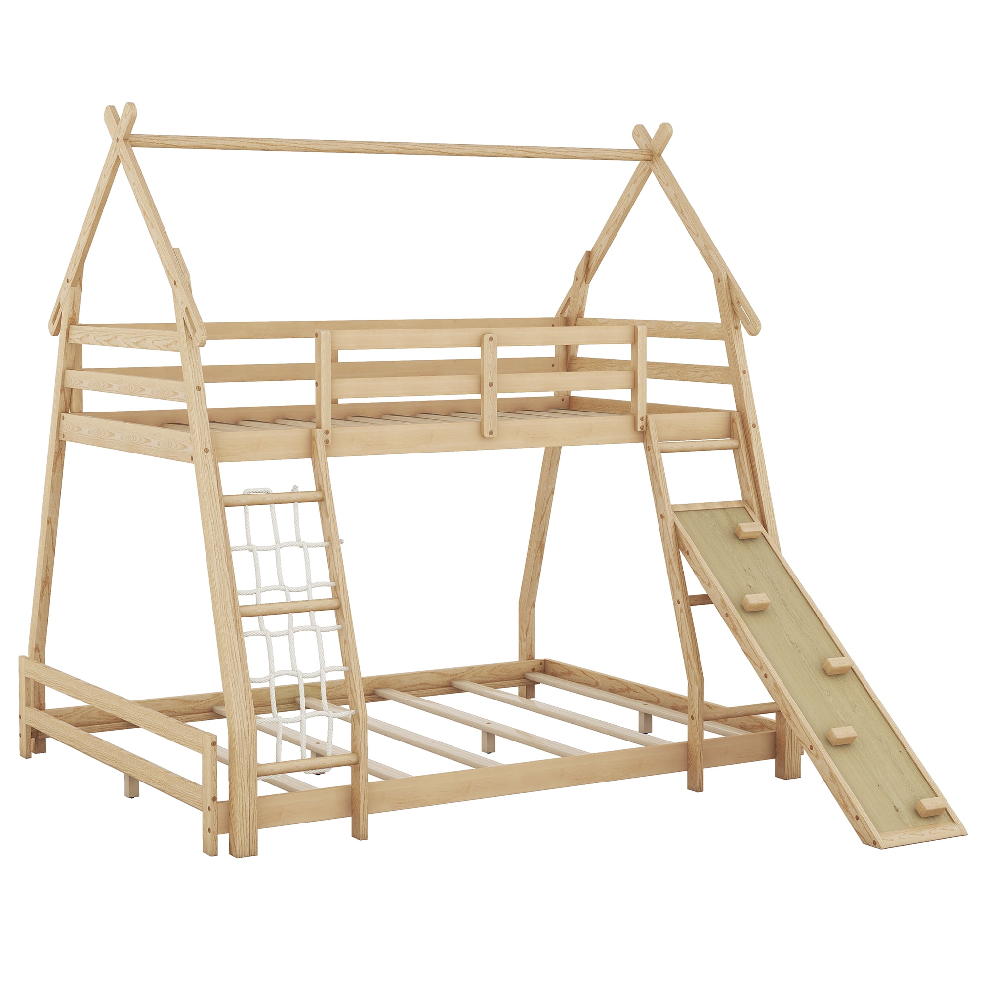 Euroco Twin over Queen Bunk Bed with Climbing Nets and Ramp for Kids Bedroom, Natural