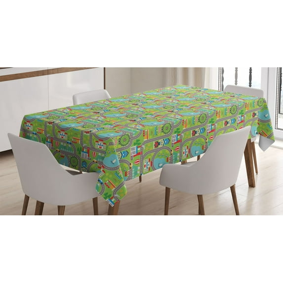 Car Race Track Tablecloth, Cartoon Design Summer City Amusement Park and Lake Roadway Activity, Rectangle Satin Table Cover Accent for Dining Room and Kitchen, 60" X 84", Multicolor, by Ambesonne