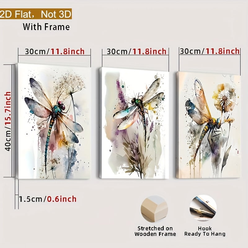 Framed 2D Flat Wall Art Featuring Three Colorful Dragonflies, Insect Prints, Watercolor Dragonfly Paintings, And Floral Images, Perfect for Decorating Bathroom And Living Room Walls