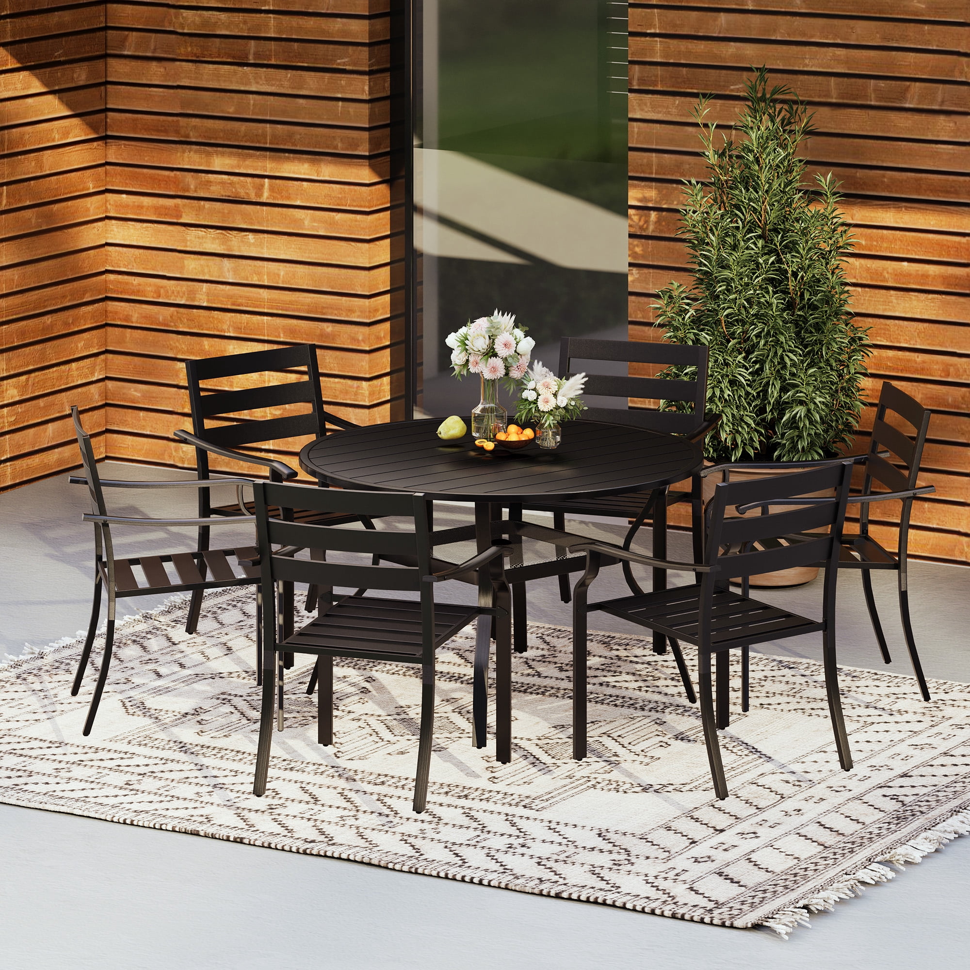 Homrest 7 Piece Metal Outdoor Dining Set with Round Table and Stackable Chairs, Black