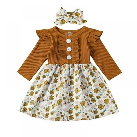

BULLPIANO Toddler Baby Girl Clothes Ruffle Long Sleeve Floral Skirt with Bow Headband Spring Fall Outfits for Girls 6M-5T