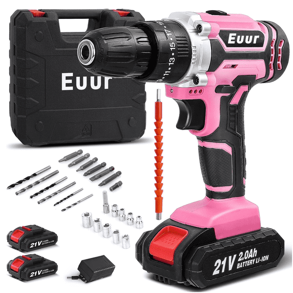 Euur Cordless Drill, 21V Power Drill Set with 2Ah Battery, 3/8"Keyless Chuck, 25 1 Position Electric Drill, 2-Speed Transmission For Screwdriving And Drilling, Pink