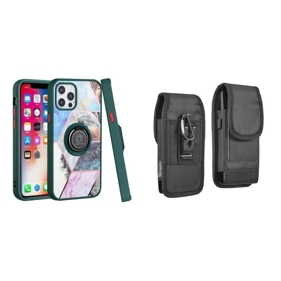 Bemz Ring Series Case for iPhone 14 Plus (TPU Silicone Cover with Magnetic Stand) and Vertical Rugged Nylon Belt Holster Pouch - Green on Galaxy Marble