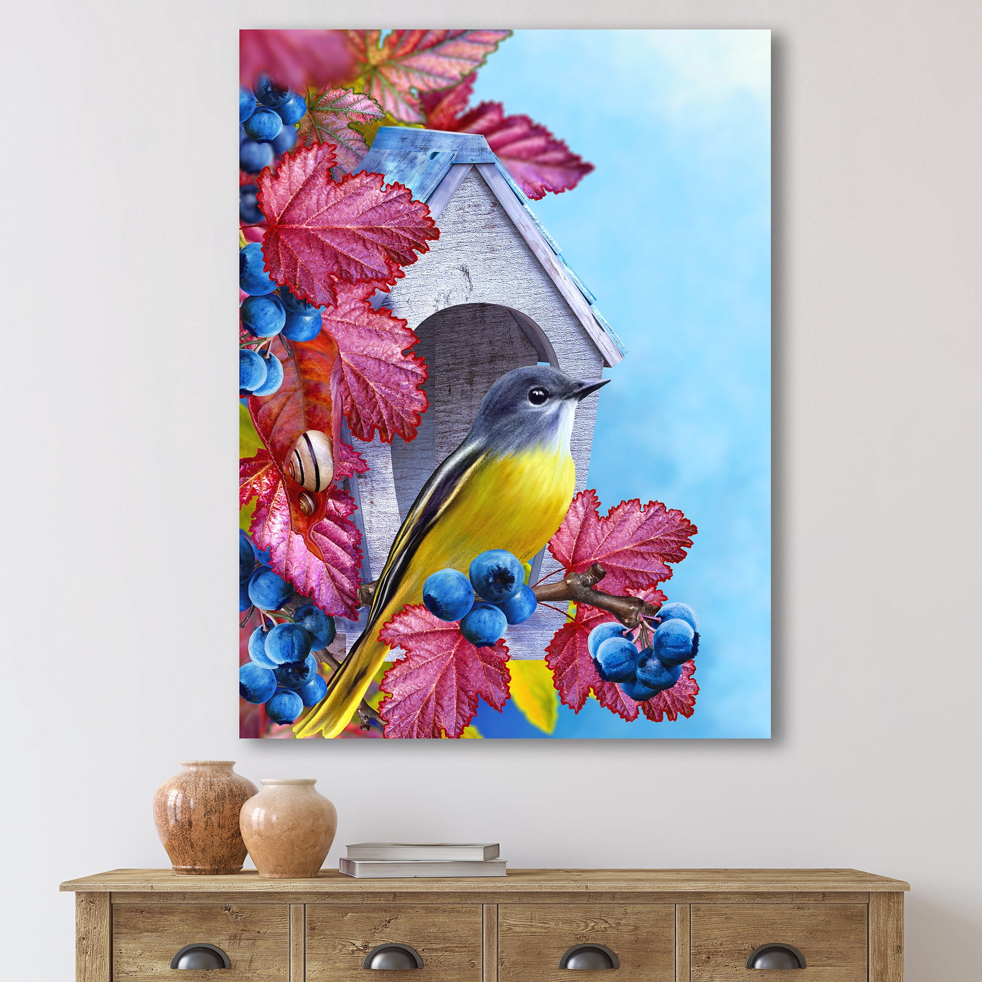 Designart ' Titmouse Bird Sitting On A Berries Branch Near A Birdhouse ' Traditional Canvas Wall Art Print