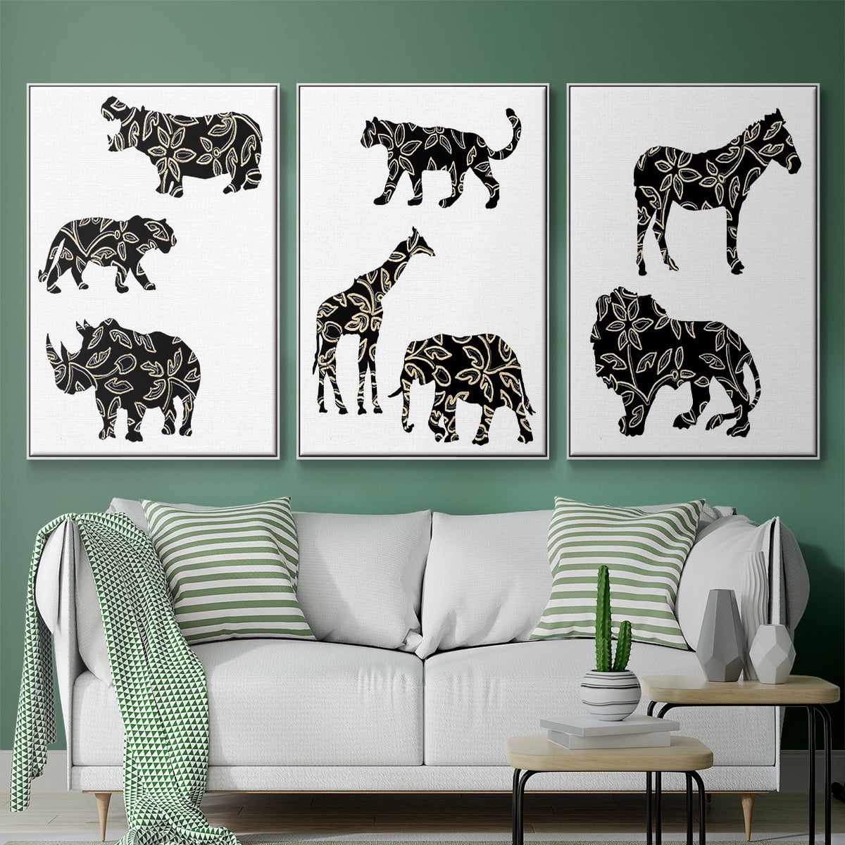 Ornamental Safari Animals I - Framed Premium Gallery Wrapped Canvas L Frame 3 Piece Set - Ready to Hang