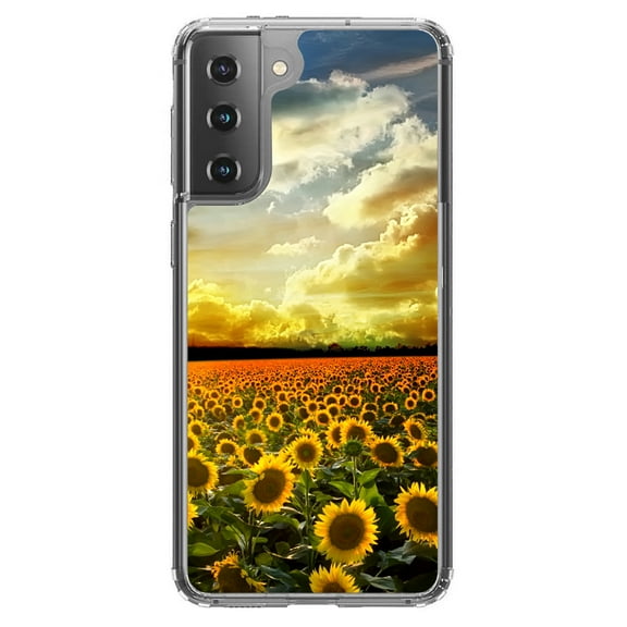 DistinctInk Clear Shockproof Hybrid Case for Galaxy S21 5G (6.2" Screen) - TPU Bumper, Acrylic Back, Tempered Glass Screen Protector - Green Blue Yellow Sunflowers