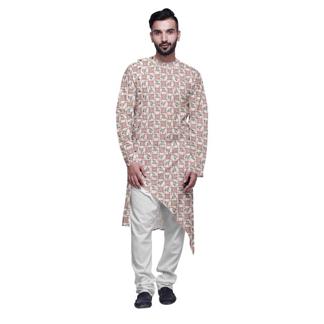 Atasi Kurta Asymétrique de Fête Indienne avec Ensemble de Pyjama Churidar Blanc pour Hommes
