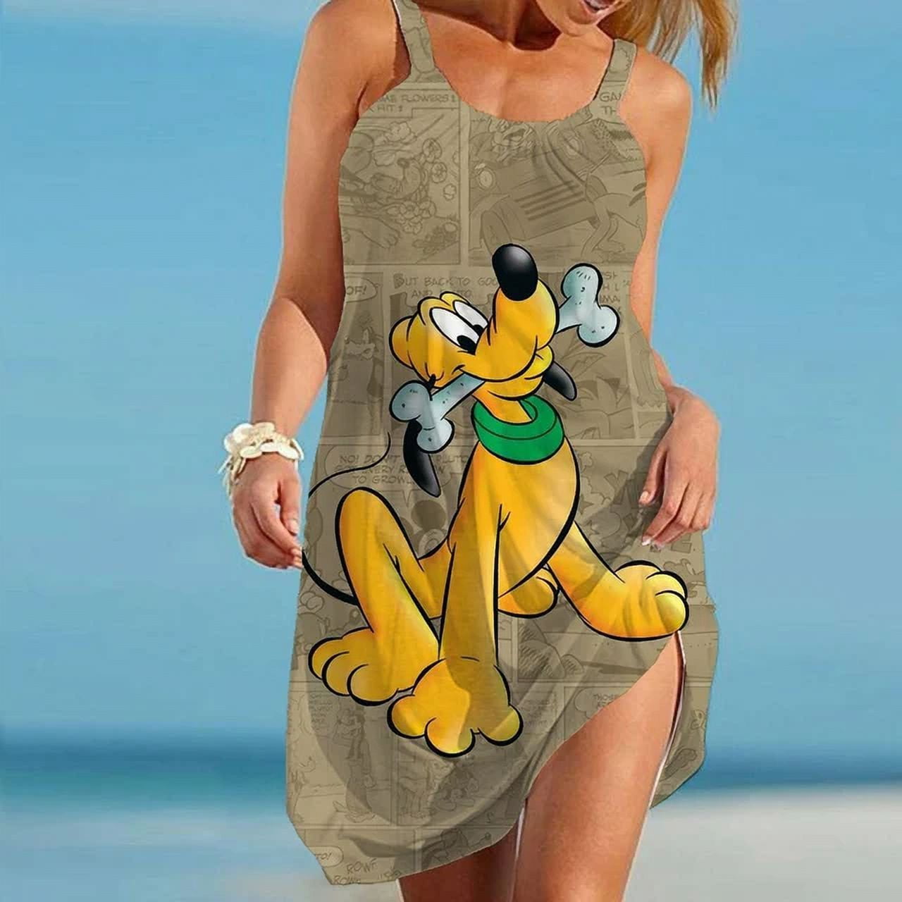 New Fashion Disney Goofy Sexy Beach Dress 3D Print Women Sleeveless Dresses Hawaii Vintage Beachwear Girls Sling Night Dress QZX