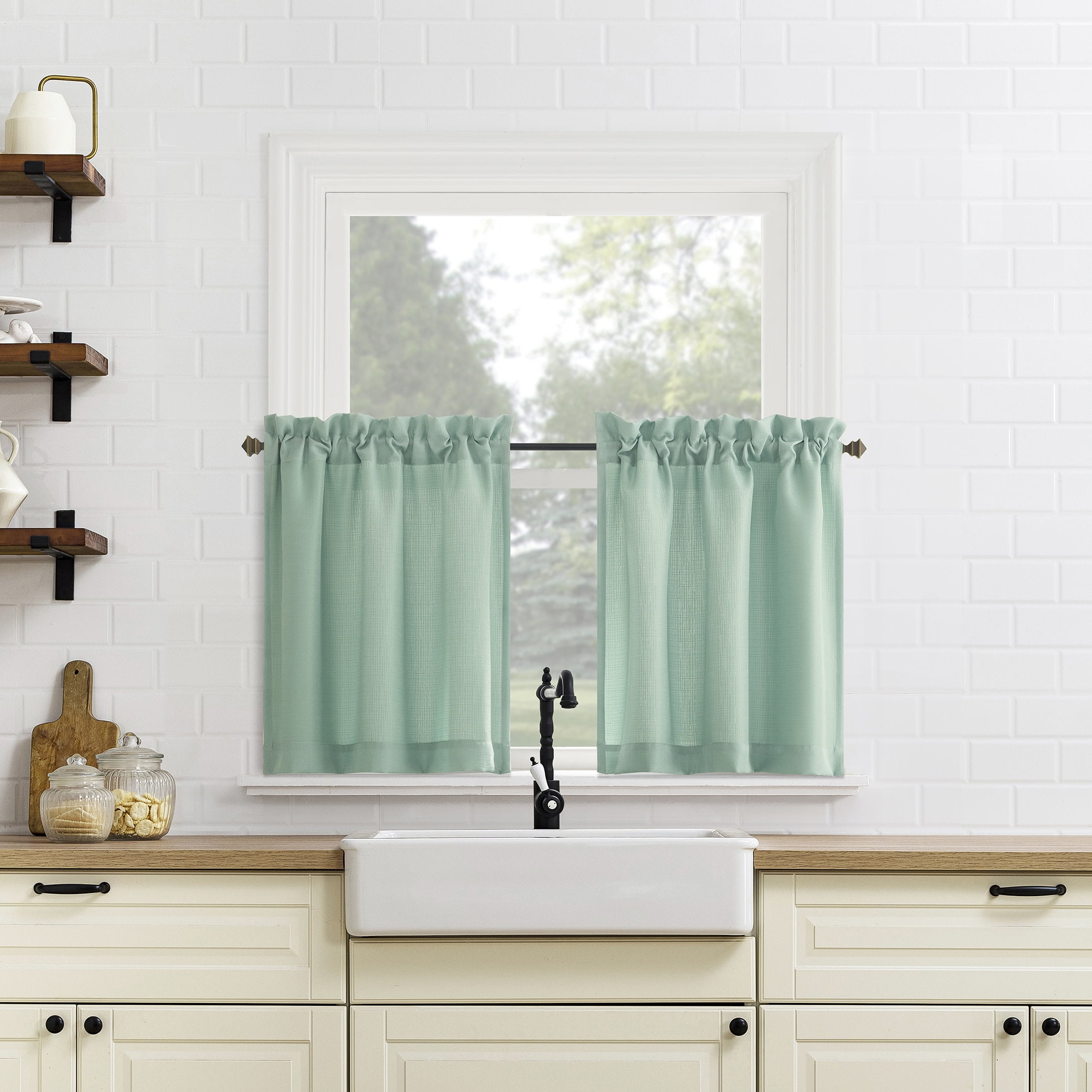 Mainstays 3-Piece Textured Semi Sheer Rod Pocket Kitchen Window Tier Pair and Valance, 2 Café Curtains and 1 Curtain Valance, Aqua, 56"W x 36"L