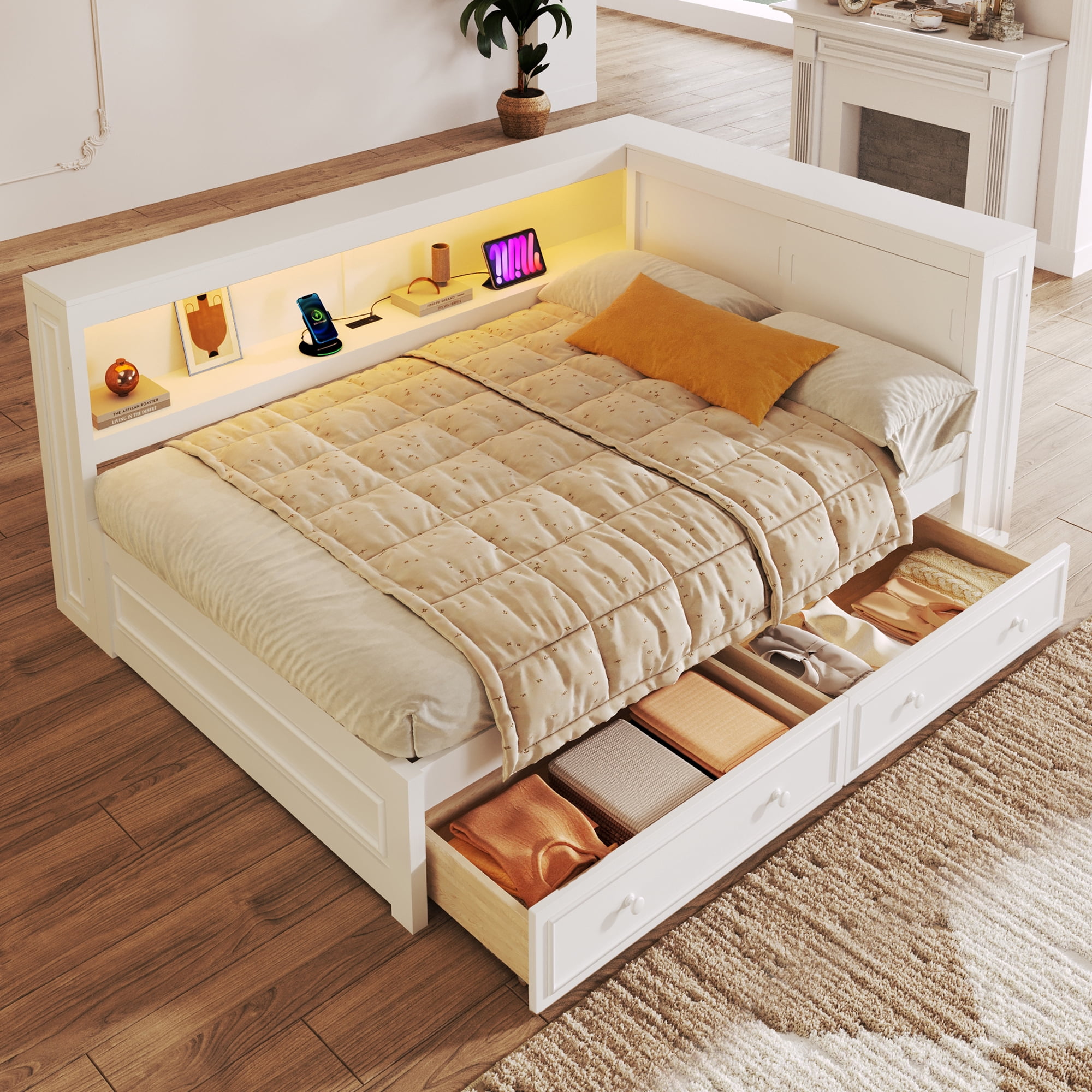 Euroco Full Size Wood Daybed with Storage Shelves and Drawers, Platform Bed with LED Light and USB Ports, White