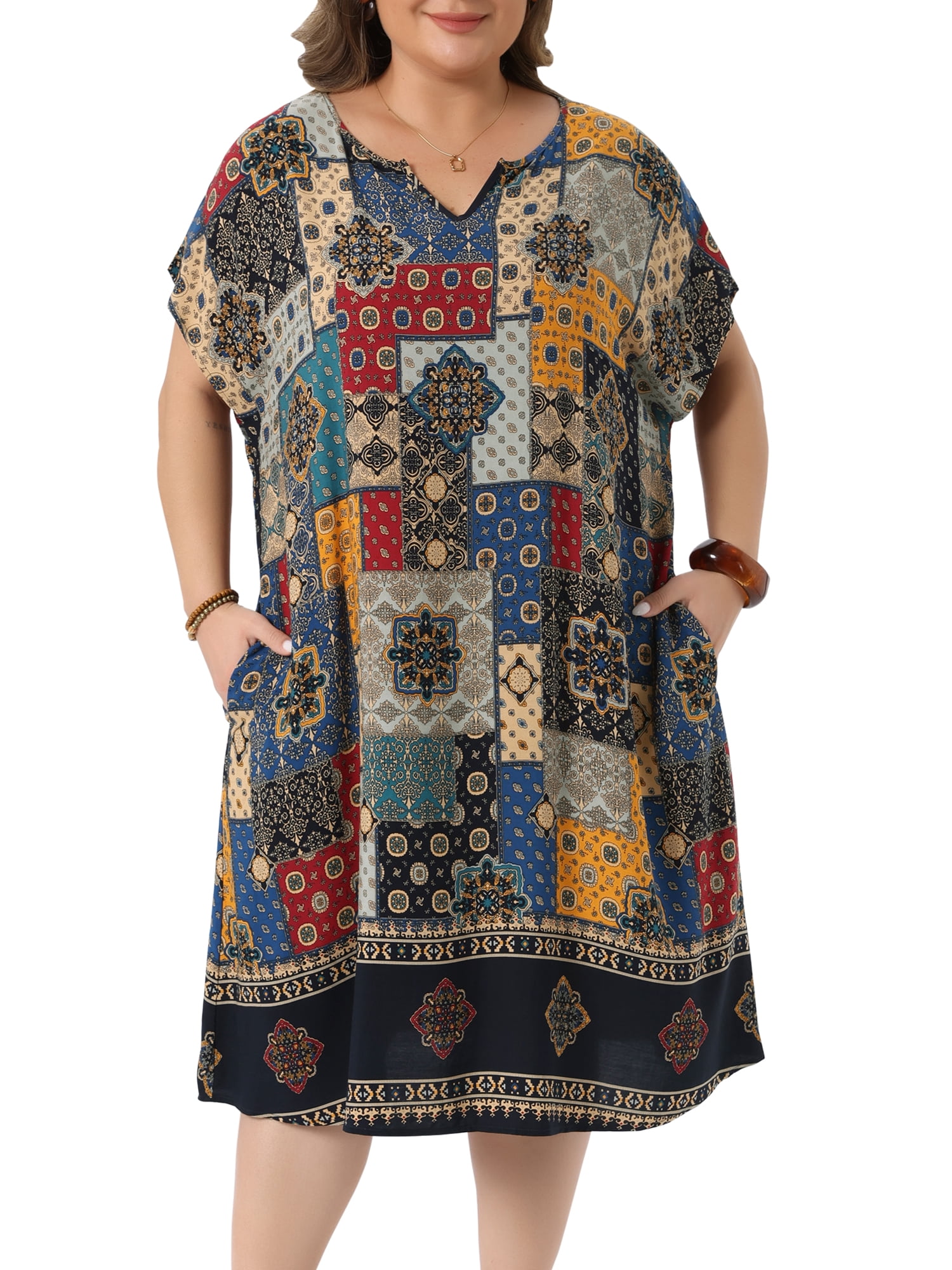 DARING DIVA Women's Plus V Neck Floral Print Midi Dress 3X Navy Blue