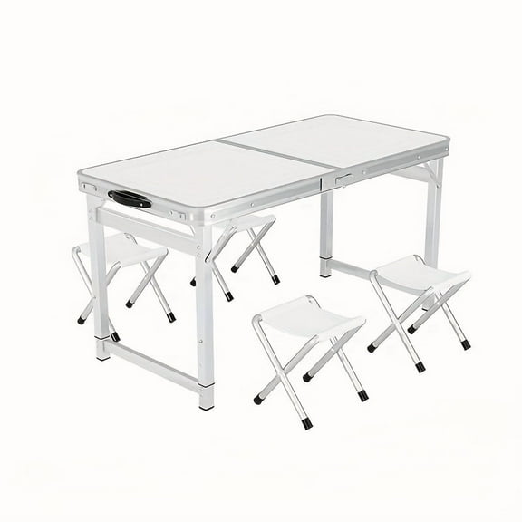 Portable Outdoor Folding Table with 4 Stools - Lightweight Aluminum Table with 3 Adjustable Heights, Ideal for Camping, Picnics, And Barbecues