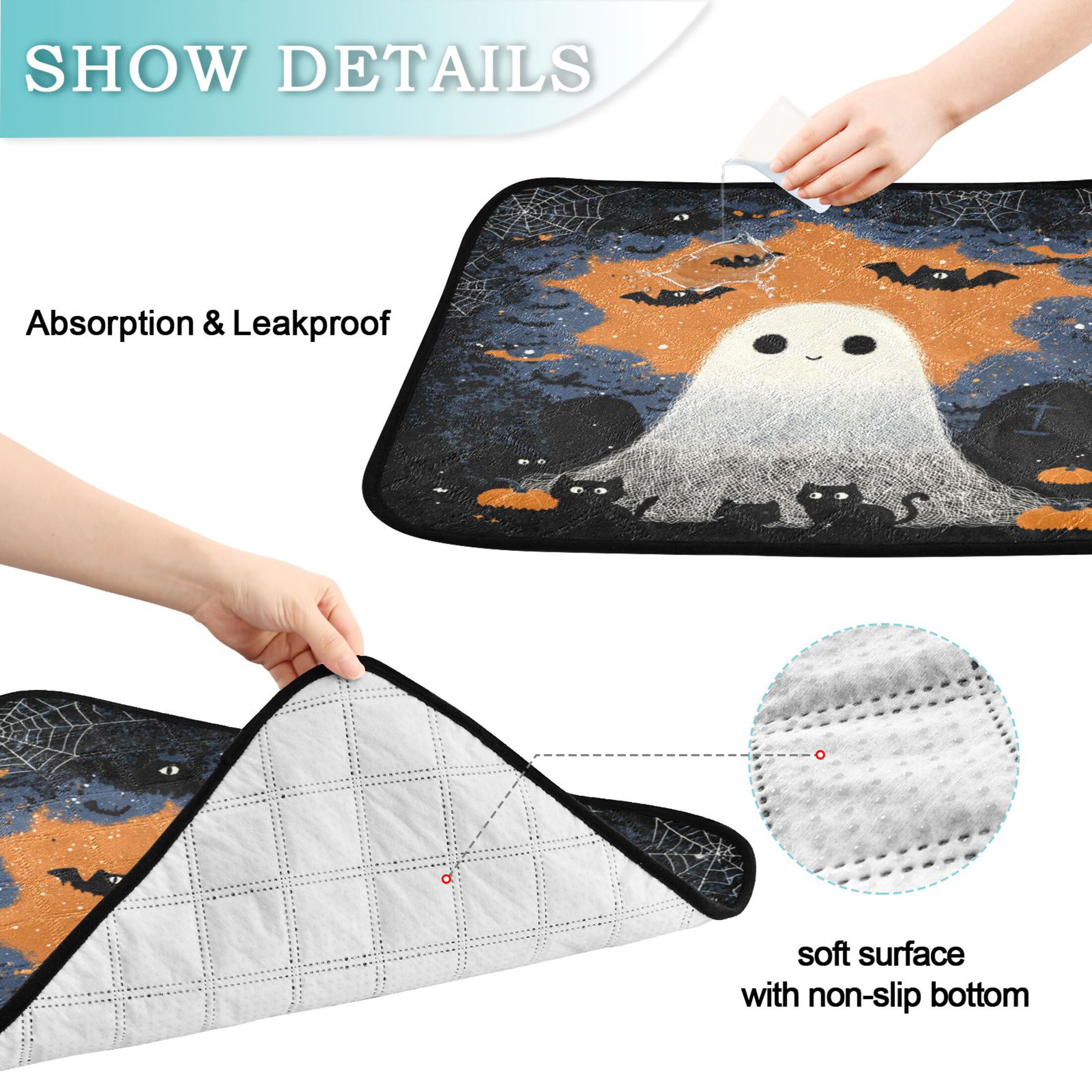 Qxltty Cute Little Ghost Cat litter Pads Pet Set of 2 Diaper Mats Center Anti-leakage Layer Absorbent Soft and Comfortable
