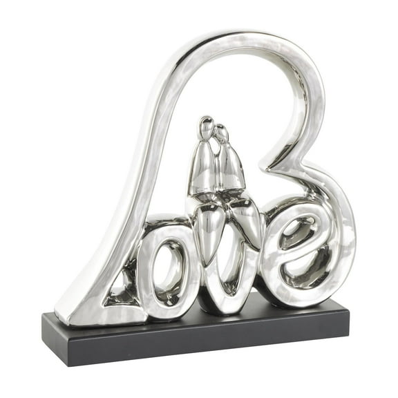 11" x 11" Silver Ceramic Family Love Heart Sculpture with Black Base, by DecMode