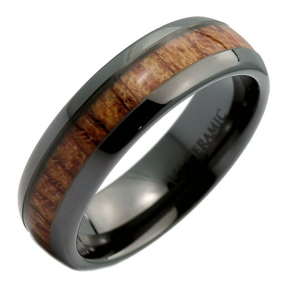 Black 6mm Ceramic Wedding Band Inlay Made of Real Koa Wood