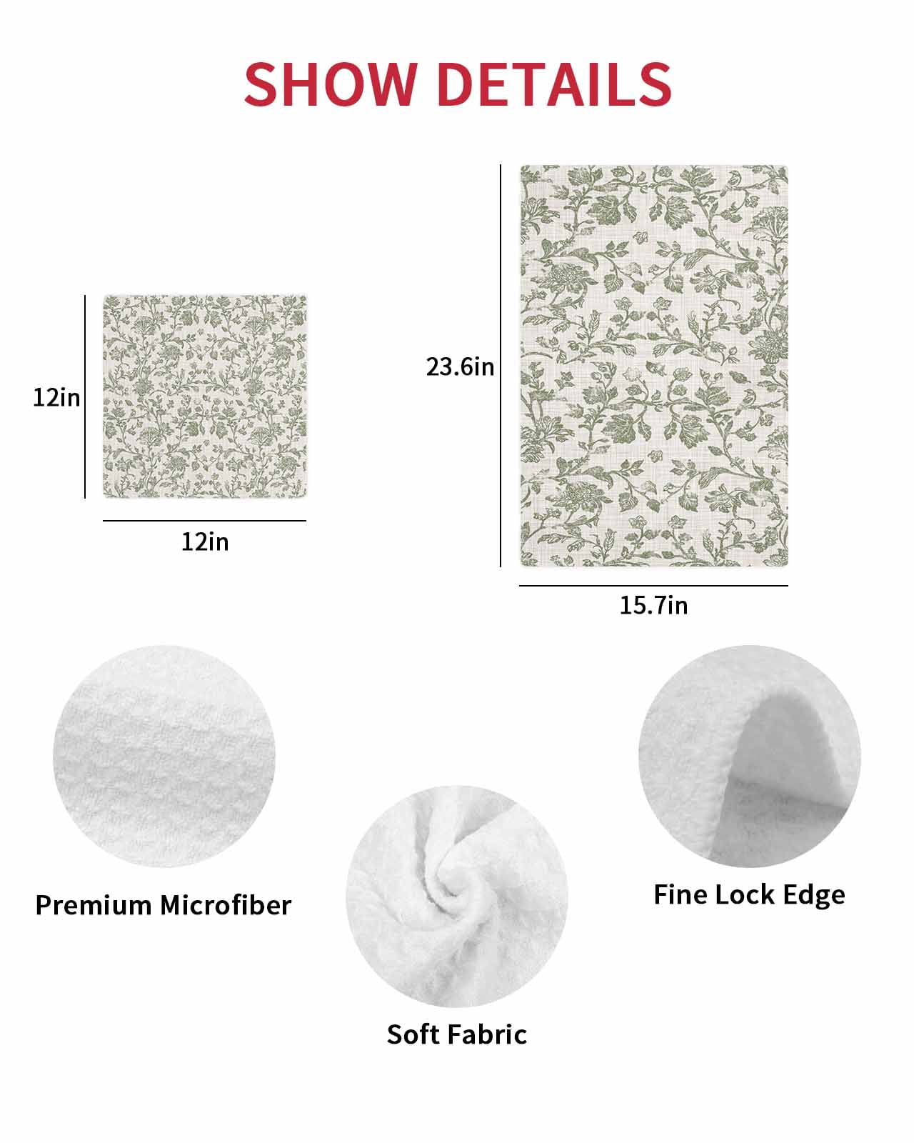 Spring Flowers Kitchen Dish Towels for Drying Dishes Set of 2, Farmhouse Sage Green Pastoral Floral Leaf Waffle Weave Microfiber Hand Tea Bathroom Towels Quick Dry & Absorbent Towel 15.7x23.6