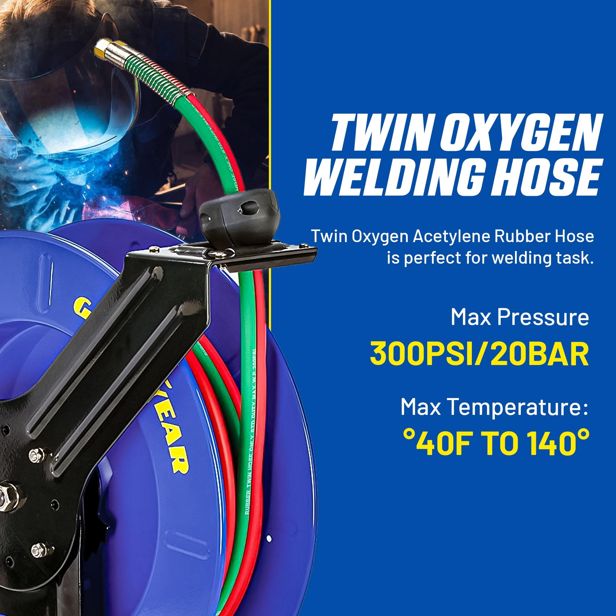 Goodyear Retractable Welding Hose Reel - 1/4" x 65' Twin Oxygen Acetylene Rubber Hoses, Heavy Duty Single Arm, 300 PSI Industrial Standard Dut